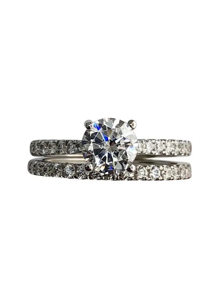 1 Carat Round CZ Engagement ring with eternity band 14K White gold