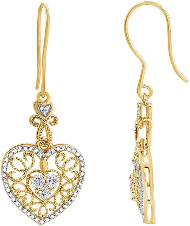 14k Gold Over Sterling Silver Diamond Accent Heart Drop Earrings For Women (0.03 Cttw, I-J Color, I2-I3 Clarity)
