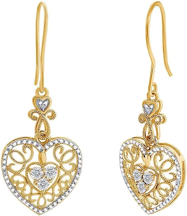 14k Gold Over Sterling Silver Diamond Accent Heart Drop Earrings For Women (0.03 Cttw, I-J Color, I2-I3 Clarity)