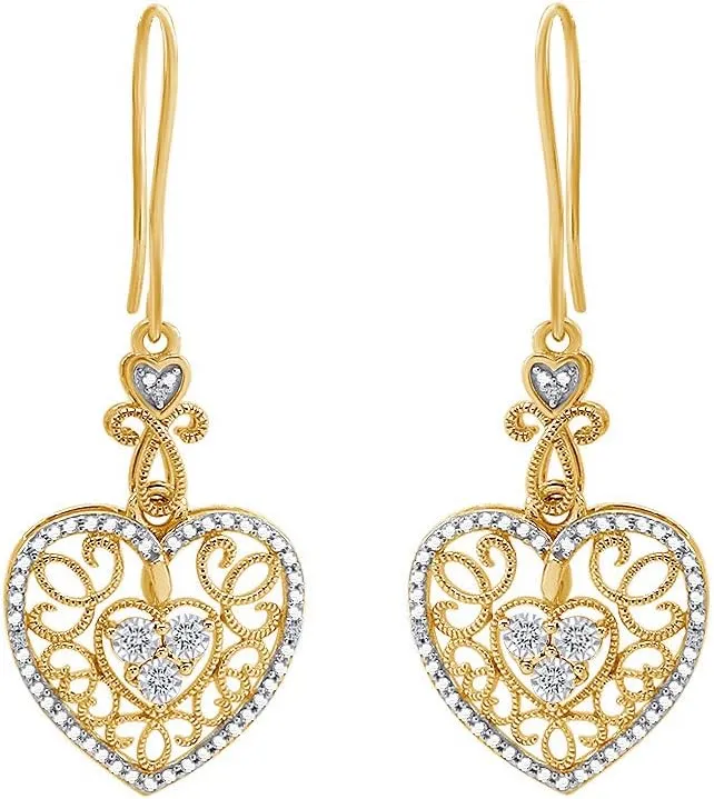 14k Gold Over Sterling Silver Diamond Accent Heart Drop Earrings For Women (0.03 Cttw, I-J Color, I2-I3 Clarity)