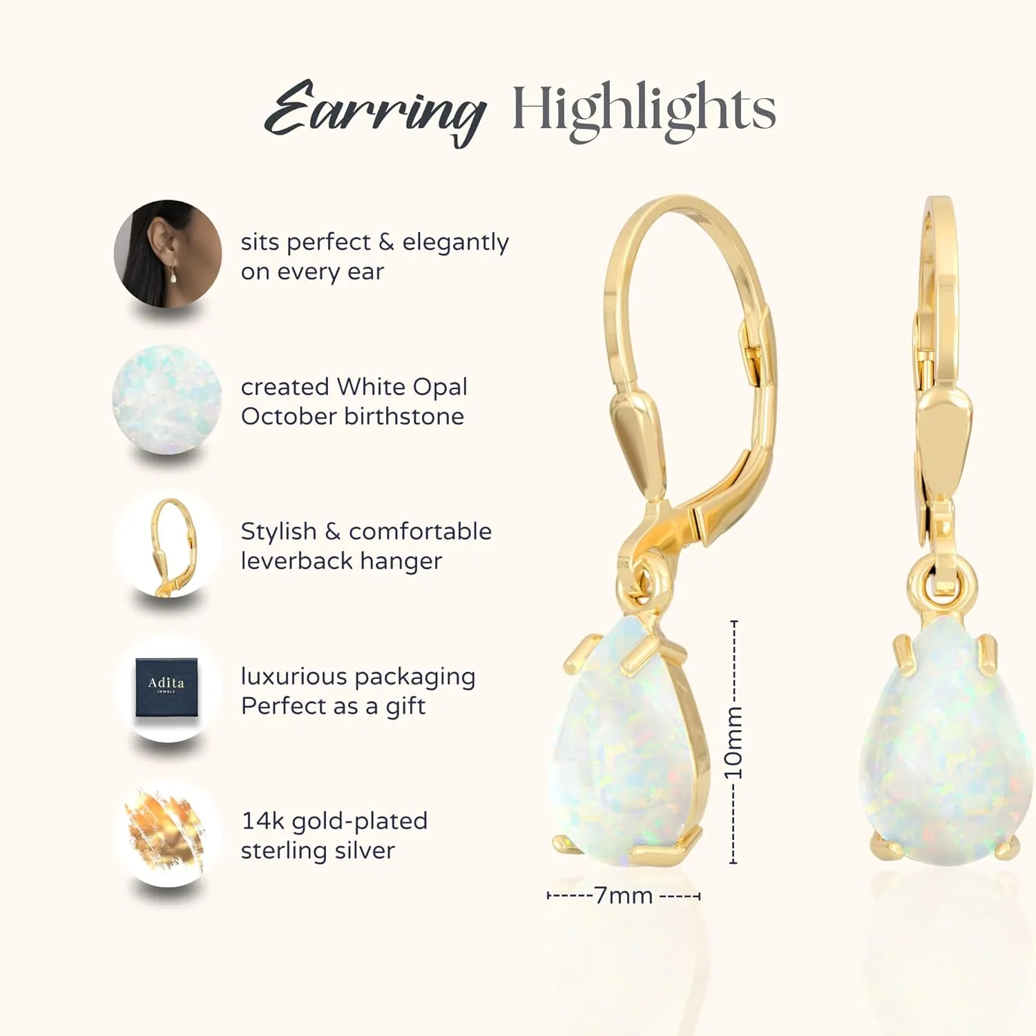 14K Gold Plated Opal Teardrop Earrings for Women  October Birthstone Jewelry  Dainty Leverback Earrings in Gold Over 925 Sterling Silver  Elegant Gift for Women