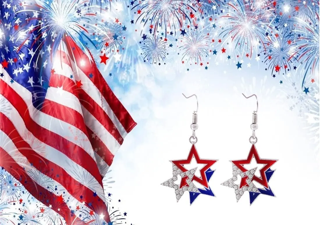 4th of July Independence Day Dangle Earrings, 925 Sterling Silver Hypoallergenic Dangling Earrings American Flag Earrings for Women USA Red White and Blue Patriotic Heart Star Drop Cross Jewelry