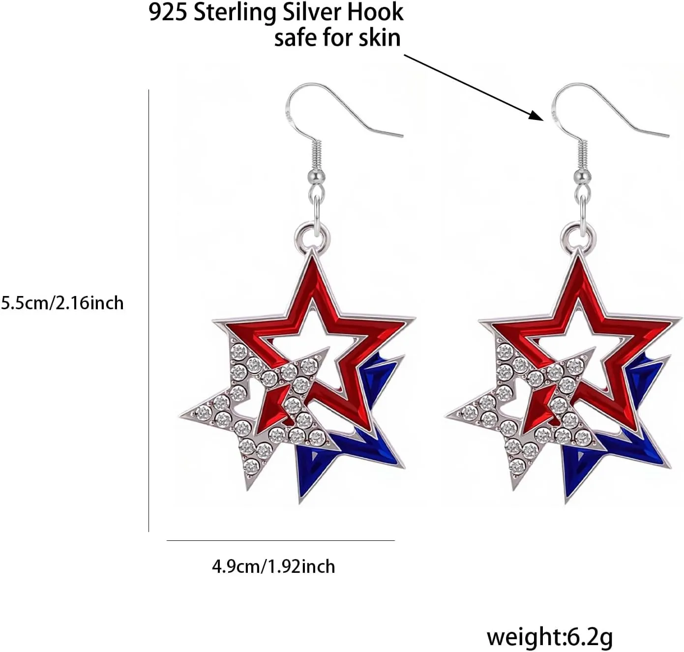4th of July Independence Day Dangle Earrings, 925 Sterling Silver Hypoallergenic Dangling Earrings American Flag Earrings for Women USA Red White and Blue Patriotic Heart Star Drop Cross Jewelry
