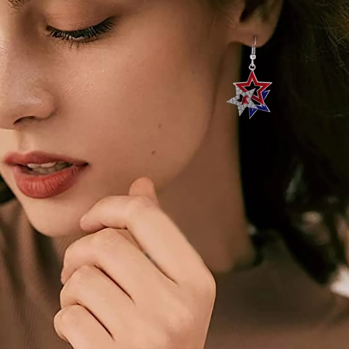 4th of July Independence Day Dangle Earrings, 925 Sterling Silver Hypoallergenic Dangling Earrings American Flag Earrings for Women USA Red White and Blue Patriotic Heart Star Drop Cross Jewelry
