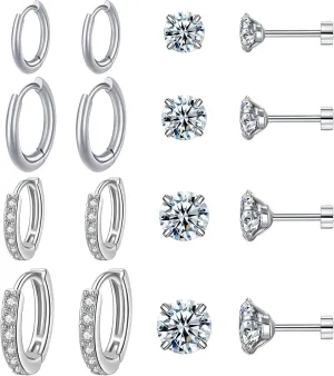 8 Pairs Cartilages Earrings Stud Set Stainless Steel Earrings for Women Flat Back Tiny Cubic Zirconia Stud Hypoallergenic