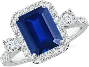 Angara Emerald-Cut Lab Grown Blue Sapphire Halo Side Stone Engagement Ring in 14K Solid Gold/Platinum | September Birthstone, Birthday, Anniversary, Wedding Jewelry Gift for Women