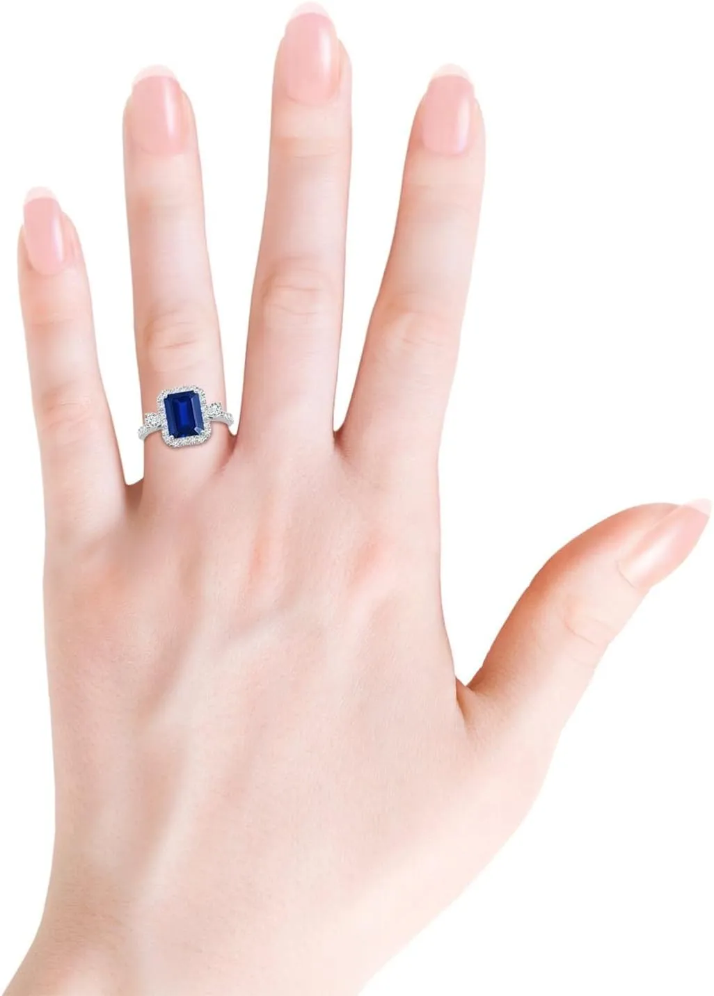 Angara Emerald-Cut Lab Grown Blue Sapphire Halo Side Stone Engagement Ring in 14K Solid Gold/Platinum | September Birthstone, Birthday, Anniversary, Wedding Jewelry Gift for Women