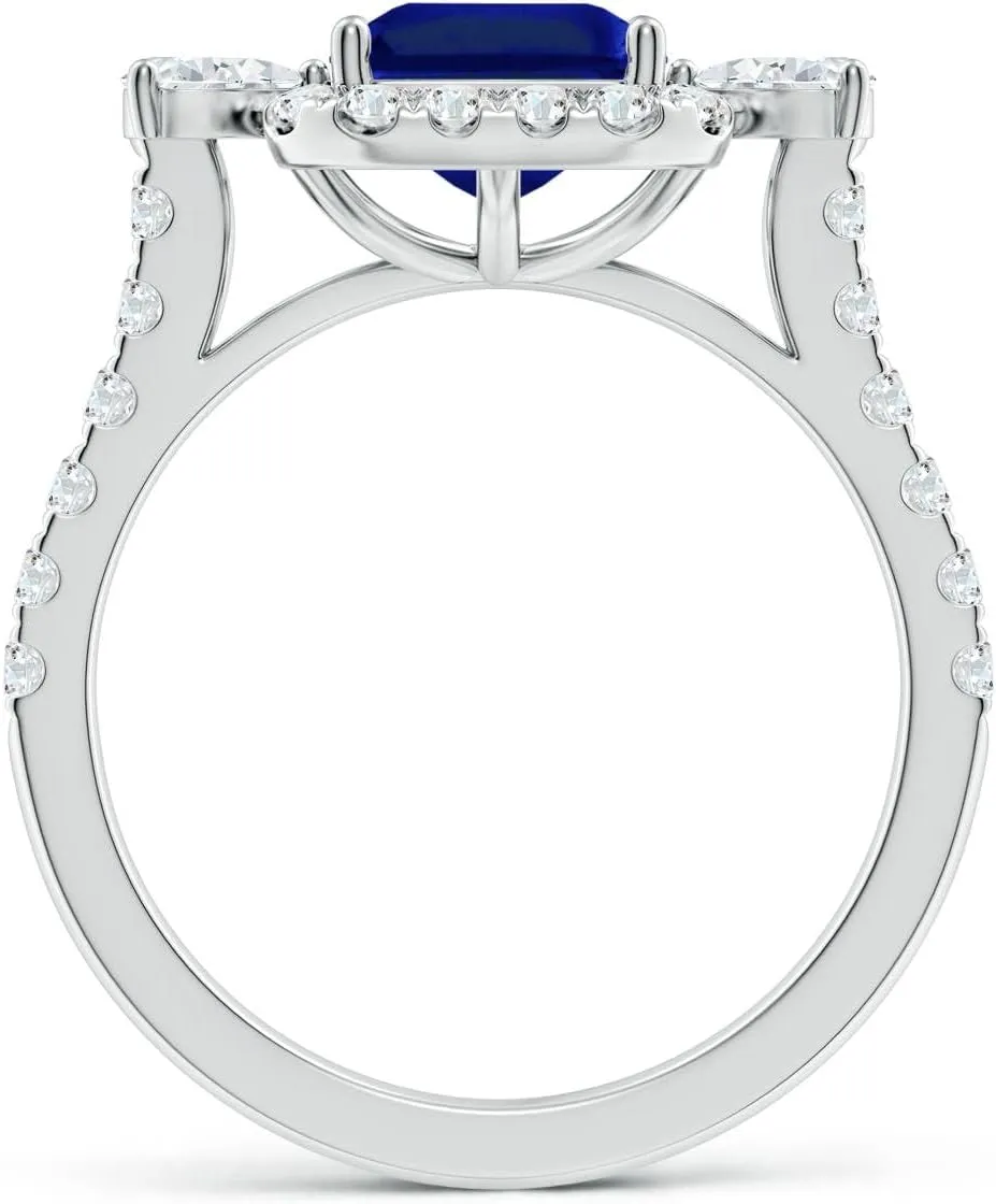 Angara Emerald-Cut Lab Grown Blue Sapphire Halo Side Stone Engagement Ring in 14K Solid Gold/Platinum | September Birthstone, Birthday, Anniversary, Wedding Jewelry Gift for Women