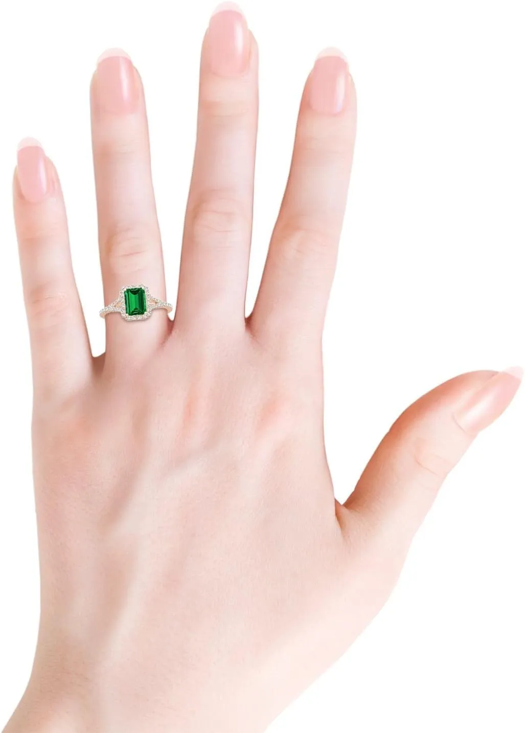 Angara Lab Grown Emerald-Cut Emerald Halo Split Shank Engagement Ring in 14K Solid Gold/Platinum | May Birthstone, Birthday, Anniversary, Wedding Jewelry Gift for Women