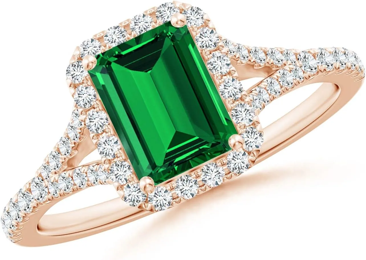 Angara Lab Grown Emerald-Cut Emerald Halo Split Shank Engagement Ring in 14K Solid Gold/Platinum | May Birthstone, Birthday, Anniversary, Wedding Jewelry Gift for Women