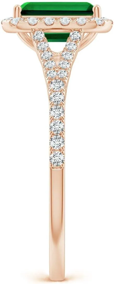 Angara Lab Grown Emerald-Cut Emerald Halo Split Shank Engagement Ring in 14K Solid Gold/Platinum | May Birthstone, Birthday, Anniversary, Wedding Jewelry Gift for Women
