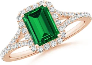Angara Lab Grown Emerald-Cut Emerald Halo Split Shank Engagement Ring in 14K Solid Gold/Platinum | May Birthstone, Birthday, Anniversary, Wedding Jewelry Gift for Women