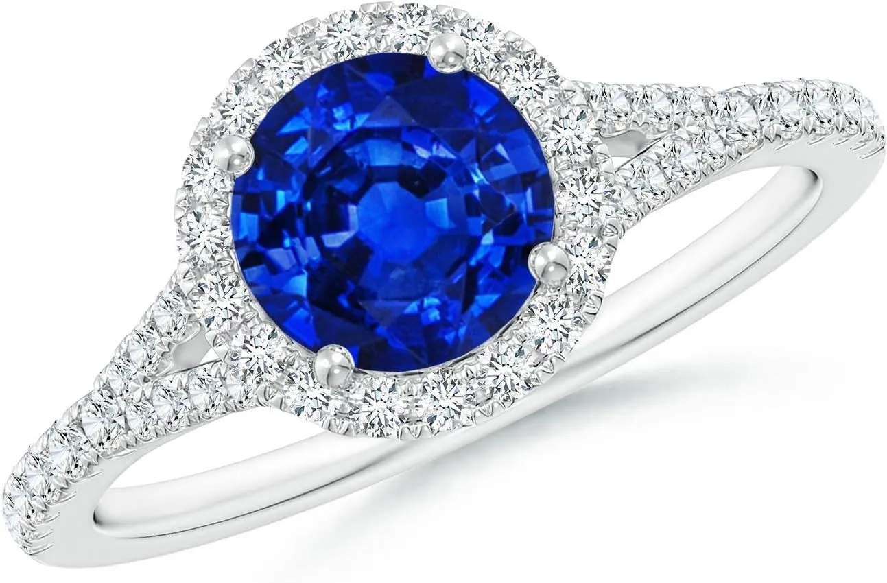 Angara Lab Grown Round Blue Sapphire Halo Split Shank Engagement Ring in 14K Solid Gold/Platinum | September Birthstone, Birthday, Anniversary, Wedding Jewelry Gift for Women