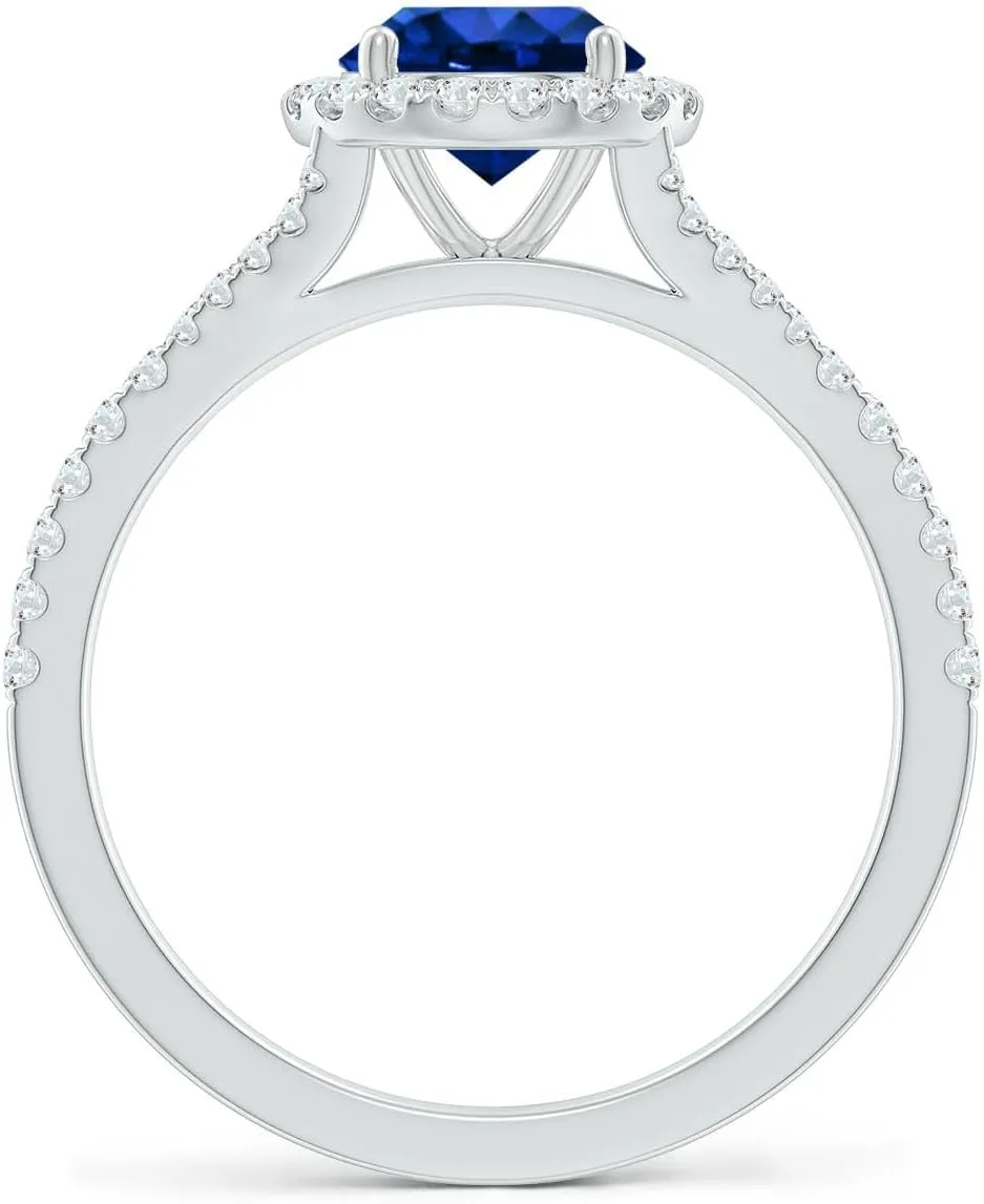 Angara Lab Grown Round Blue Sapphire Halo Split Shank Engagement Ring in 14K Solid Gold/Platinum | September Birthstone, Birthday, Anniversary, Wedding Jewelry Gift for Women