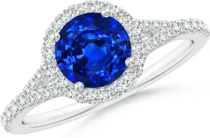 Angara Lab Grown Round Blue Sapphire Halo Split Shank Engagement Ring in 14K Solid Gold/Platinum | September Birthstone, Birthday, Anniversary, Wedding Jewelry Gift for Women