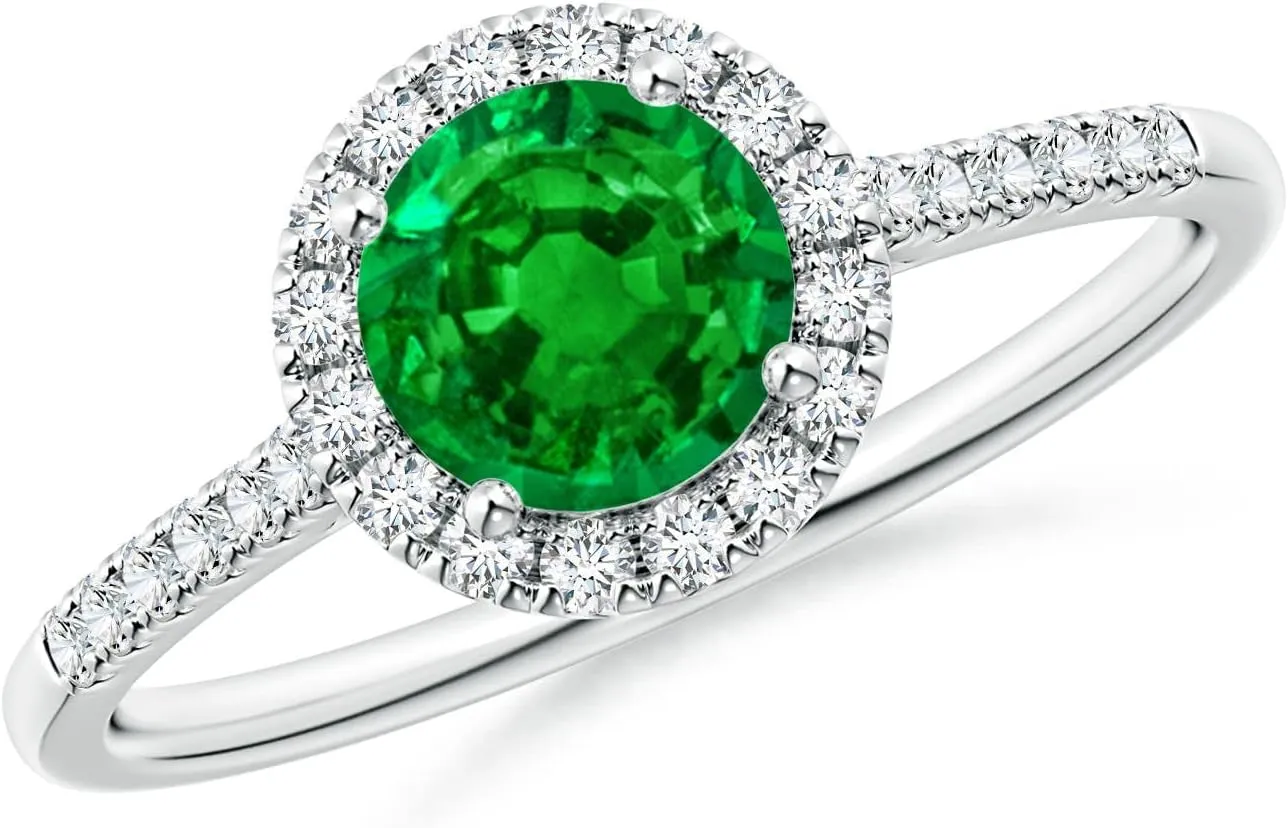 Angara Lab Grown Round Emerald Halo Ring with Diamond Accents in 14K Solid Gold/Platinum | May Birthstone, Birthday, Engagement, Anniversary, Wedding Jewelry Gift for Women