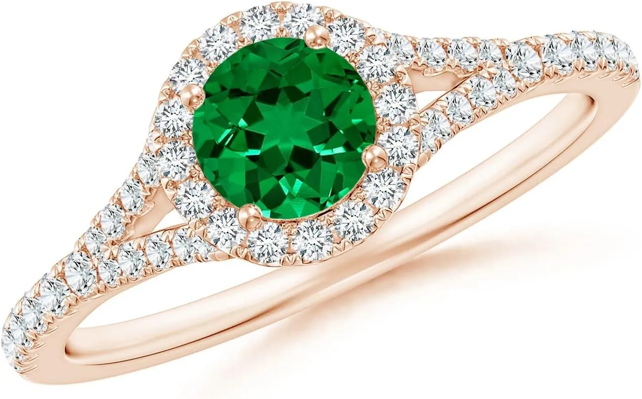 Angara Lab Grown Round Emerald Halo Split Shank Engagement Ring in 14K Solid Gold/Platinum | May Birthstone, Birthday, Anniversary, Wedding Jewelry Gift for Women