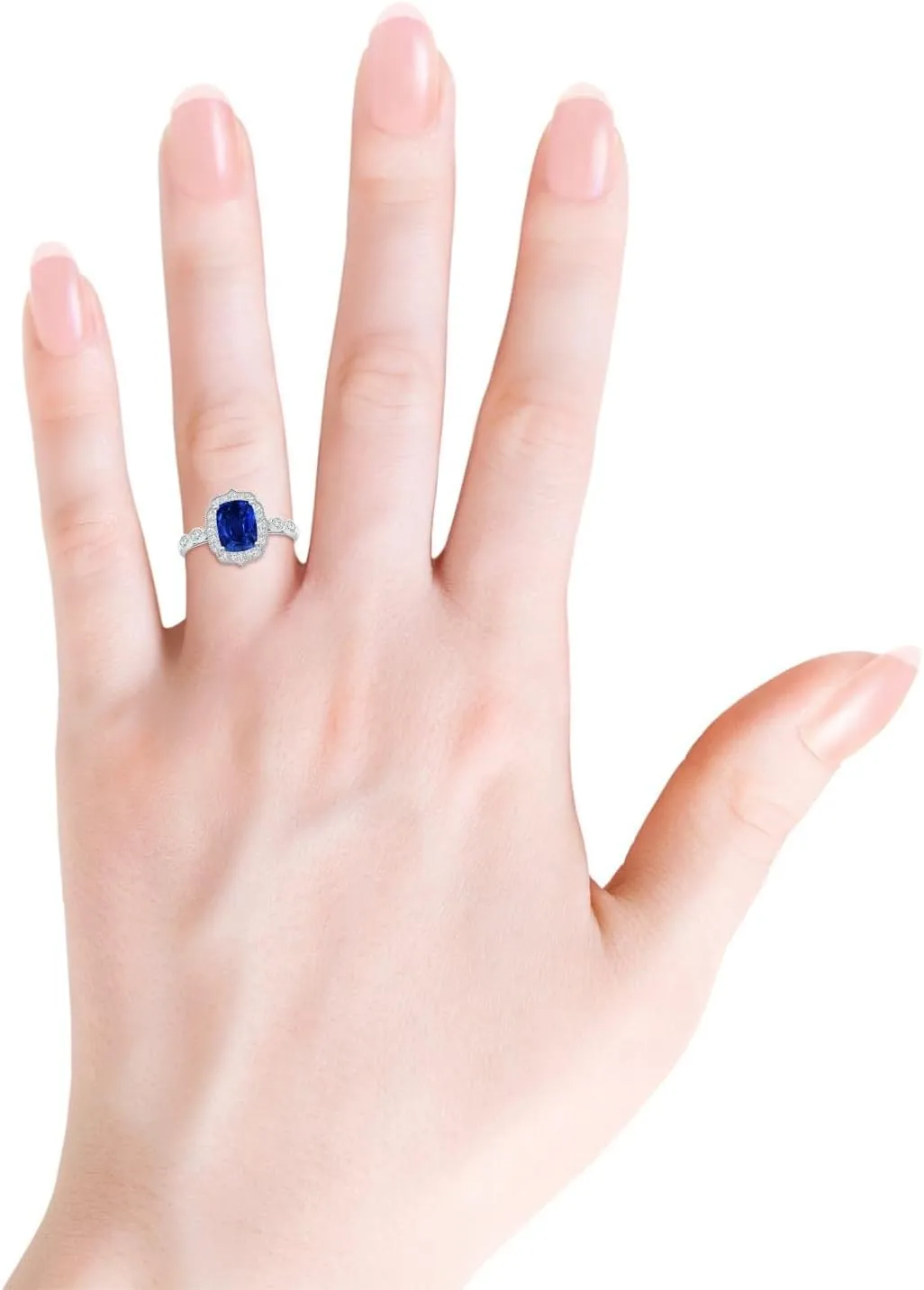 Angara Lab Grown Vintage Inspired Cushion Rectangular Blue Sapphire Ornate Halo Engagement Ring in 14K Solid Gold/Platinum | September Birthstone, Birthday, Anniversary Jewelry Gift for Women
