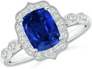 Angara Lab Grown Vintage Inspired Cushion Rectangular Blue Sapphire Ornate Halo Engagement Ring in 14K Solid Gold/Platinum | September Birthstone, Birthday, Anniversary Jewelry Gift for Women