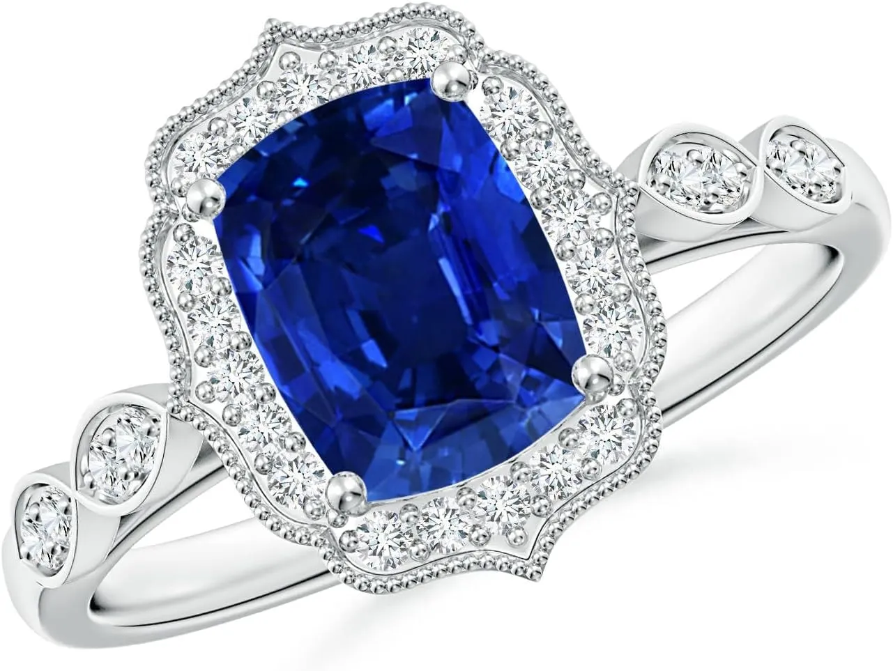 Angara Lab Grown Vintage Inspired Cushion Rectangular Blue Sapphire Ornate Halo Engagement Ring in 14K Solid Gold/Platinum | September Birthstone, Birthday, Anniversary Jewelry Gift for Women