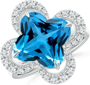 Angara Natural GIA Certified Clover-Shaped 5.99 ct Swiss Blue Topaz Halo Engagement Ring in 14K Solid Gold/Platinum for Women | November Birthstone Jewelry for Women