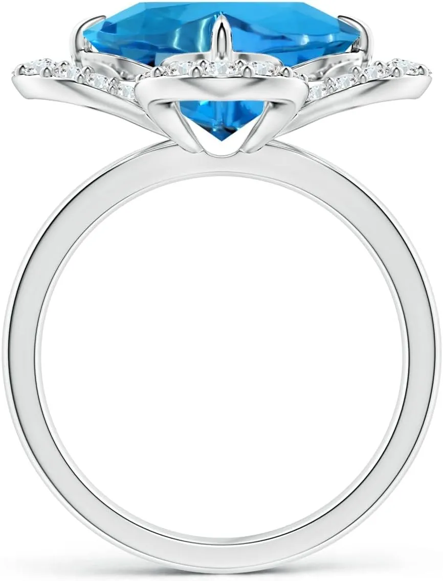 Angara Natural GIA Certified Clover-Shaped 5.99 ct Swiss Blue Topaz Halo Engagement Ring in 14K Solid Gold/Platinum for Women | November Birthstone Jewelry for Women