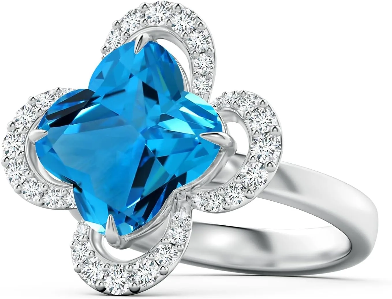 Angara Natural GIA Certified Clover-Shaped 5.99 ct Swiss Blue Topaz Halo Engagement Ring in 14K Solid Gold/Platinum for Women | November Birthstone Jewelry for Women