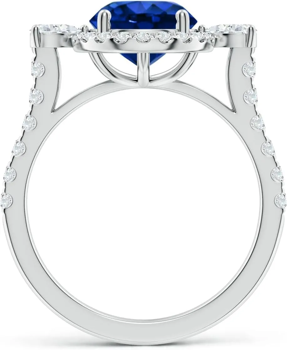 Angara Round Lab Grown Blue Sapphire Halo Side Stone Engagement Ring in 14K Solid Gold/Platinum | September Birthstone, Birthday, Anniversary, Wedding Jewelry Gift for Women