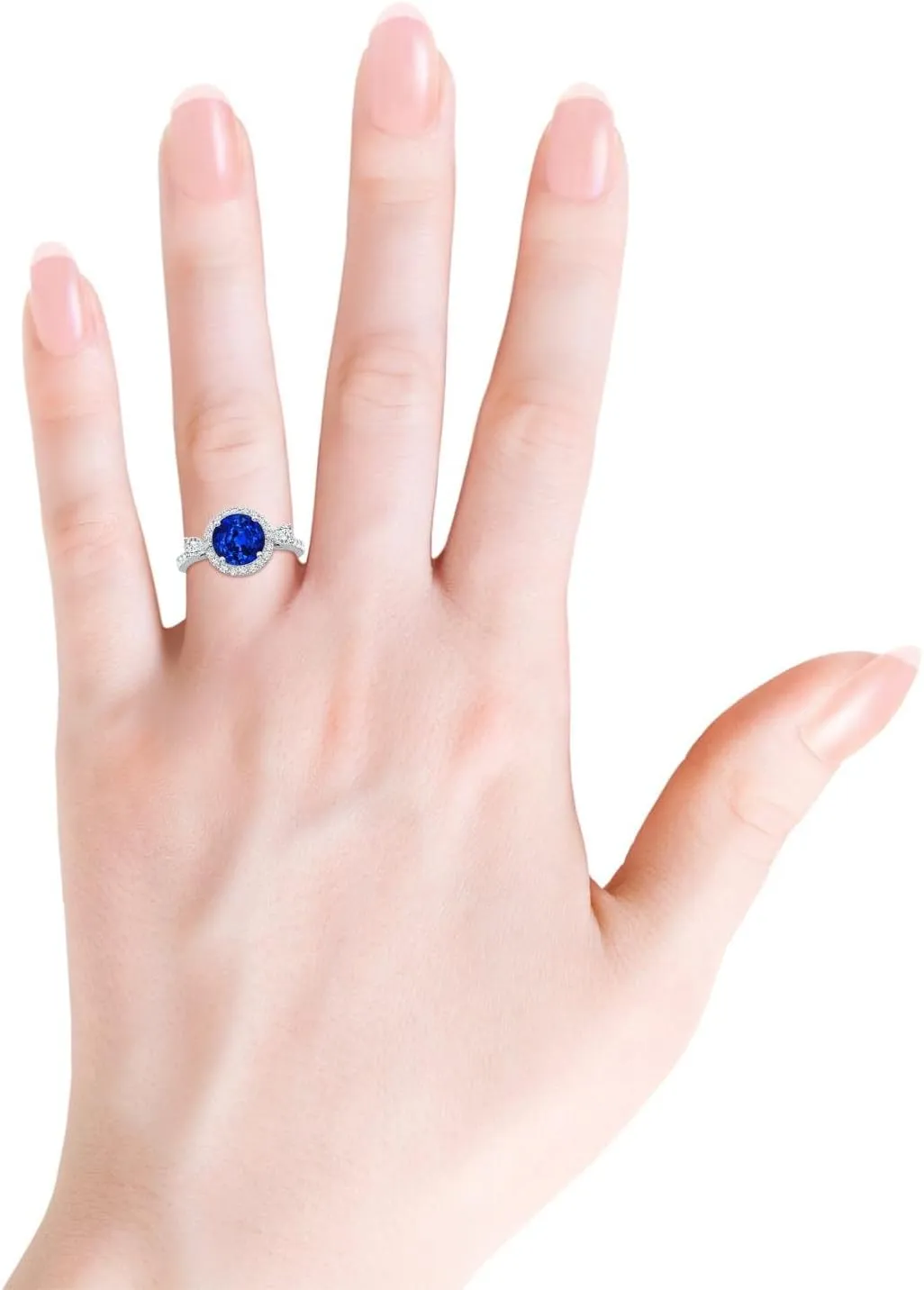 Angara Round Lab Grown Blue Sapphire Halo Side Stone Engagement Ring in 14K Solid Gold/Platinum | September Birthstone, Birthday, Anniversary, Wedding Jewelry Gift for Women