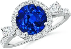 Angara Round Lab Grown Blue Sapphire Halo Side Stone Engagement Ring in 14K Solid Gold/Platinum | September Birthstone, Birthday, Anniversary, Wedding Jewelry Gift for Women