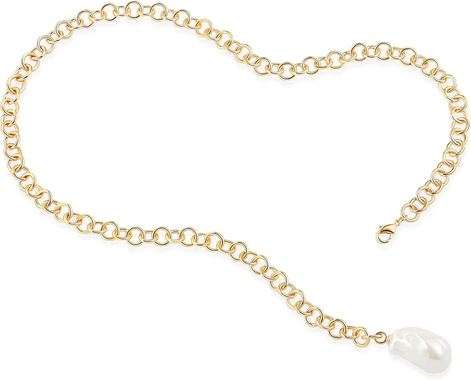 Aobei Pearl Chunky 18K Gold Round Rolo Link Chain Lariat Y Necklace Big Simulated Baroque Pearl Pendant Necklace for Women Adjustable Simulated Turquoise Choker Jewelry