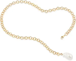 Aobei Pearl Chunky 18K Gold Round Rolo Link Chain Lariat Y Necklace Big Simulated Baroque Pearl Pendant Necklace for Women Adjustable Simulated Turquoise Choker Jewelry