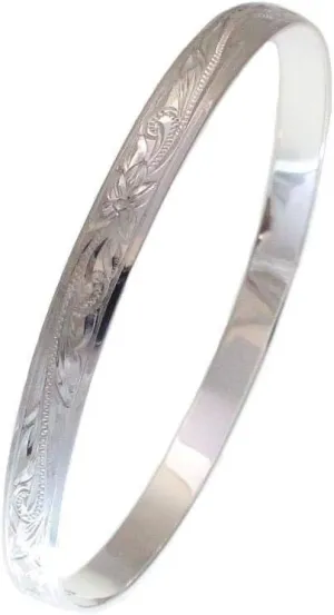 Arthur's Jewelry 925 Sterling Silver Hawaiian Scroll Plumeria Flower smooth edge 6mm Bangle Size 7-9