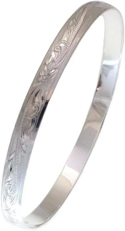 Arthur's Jewelry 925 Sterling Silver Hawaiian Scroll Plumeria Flower smooth edge 6mm Bangle Size 7-9