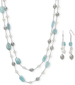 Belacqua Natural Aquamarine & Cultured Freshwater Pearl Layered Station Necklace for Women | Sterling Silver 18" Rolo Chain | Jewelry for Her | Gift Box Included