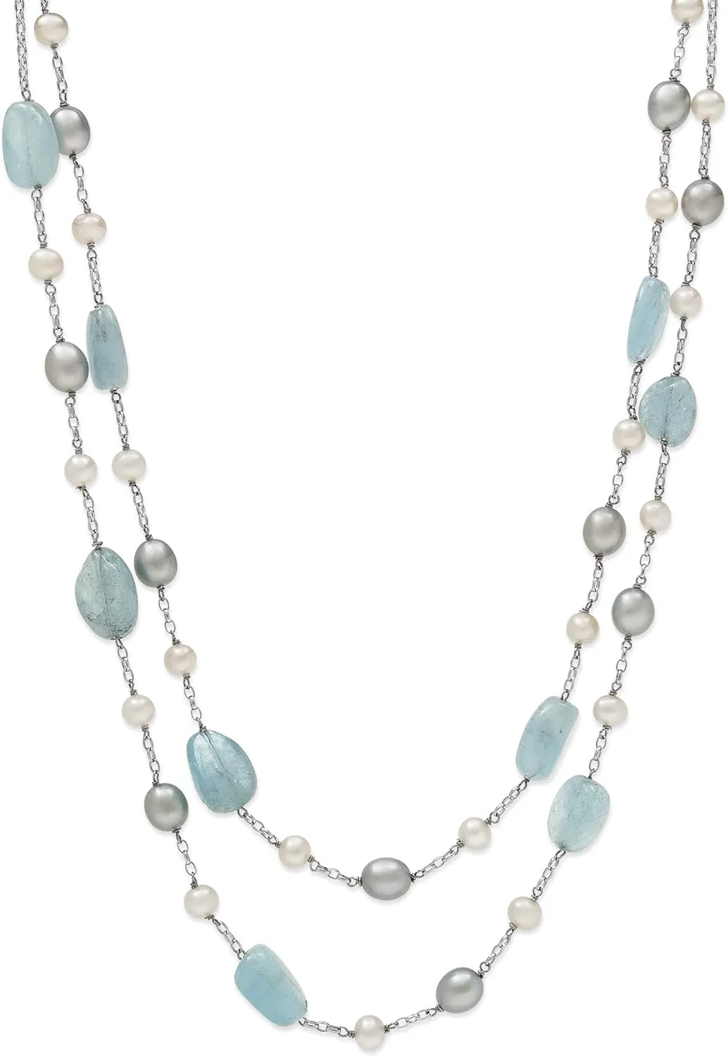 Belacqua Natural Aquamarine & Cultured Freshwater Pearl Layered Station Necklace for Women | Sterling Silver 18" Rolo Chain | Jewelry for Her | Gift Box Included