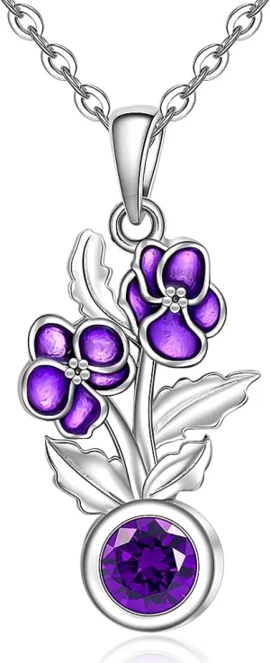 Birth Flower Necklace February Birthstone Violet Necklace for Women Sterling Silver Violet Birth Month Flower Pendant Floral Jewelry Charm Birthday Christmas Gifts