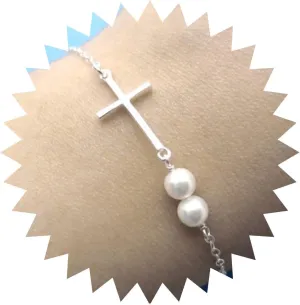 Boho Cross and Pearl Bracelet Gold Two Bead Chain Bracelet Freshwater Cross Bracelet Everyday Bracelet Minimalist Hand Chain Jewelry Gifts for Women and Girls Bridesmaid Gifts
