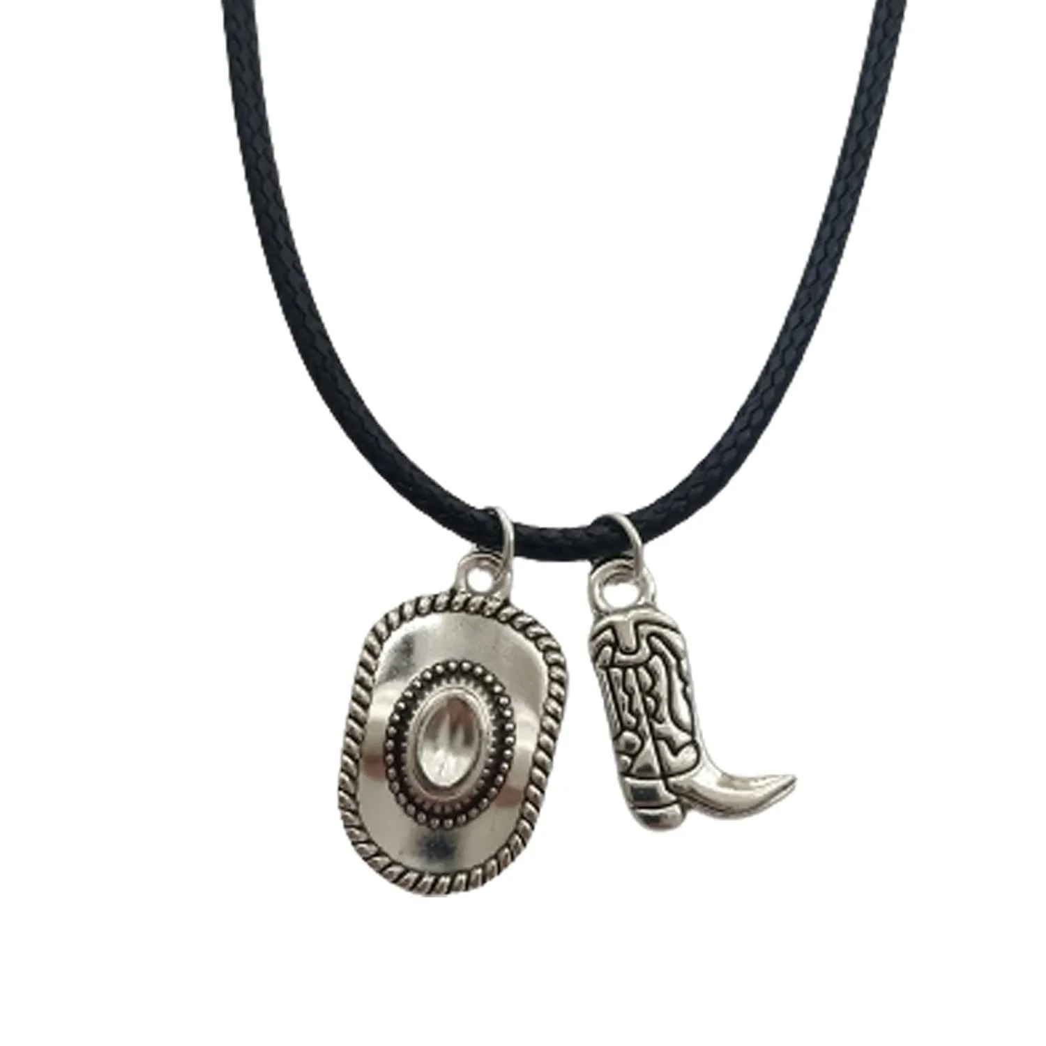 Cowboy Hat Charm Choker Necklace, Black Necklace, Cowboy Boot Pendant, Western Jewelry