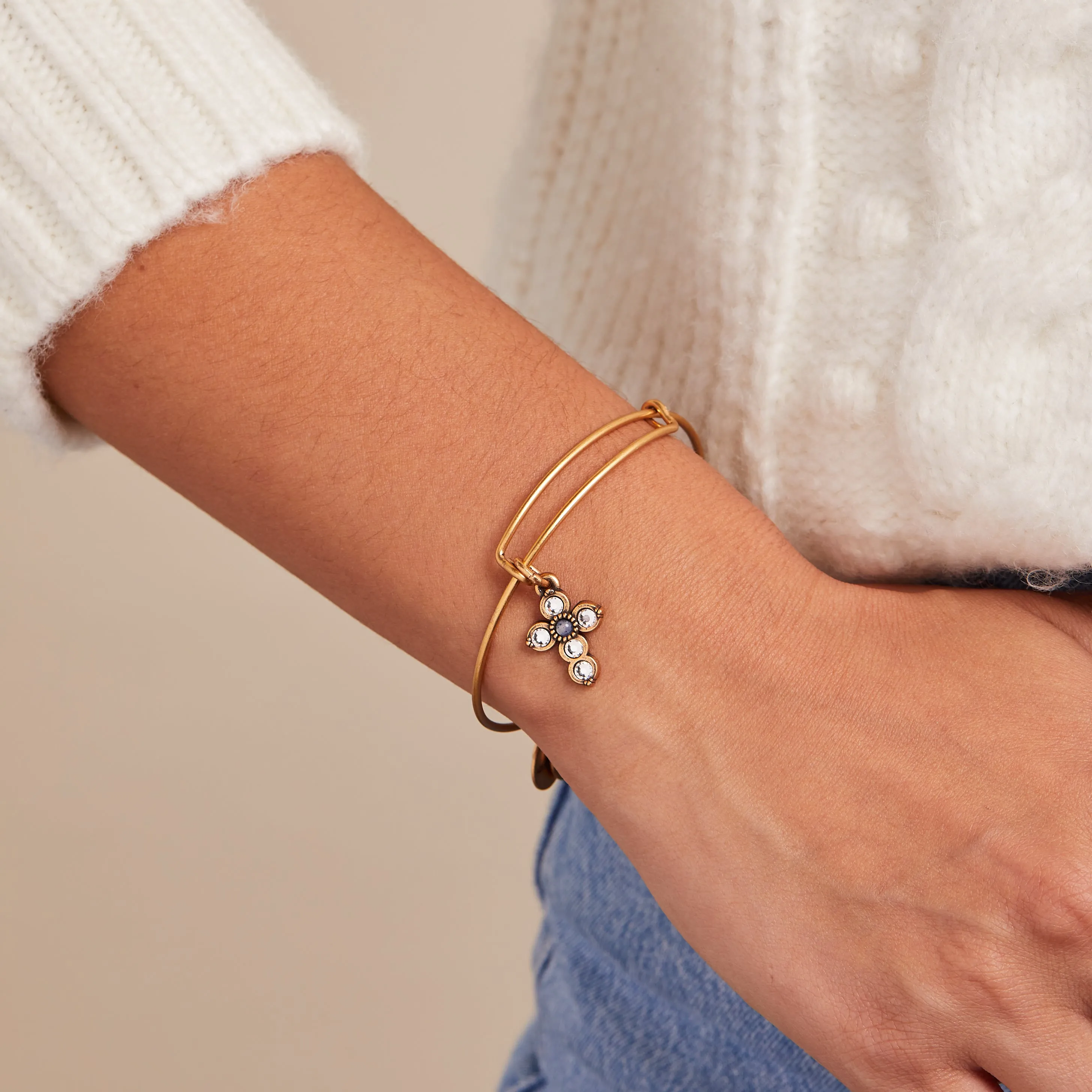Bangle Bracelet Featuring Cross Charm and Pearl Infusion