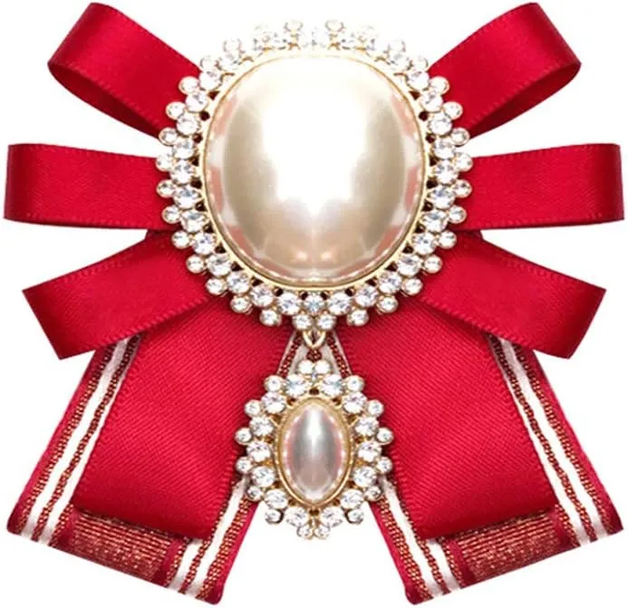 Crystal Pearl Dangle Bow Brooch Pre Tied Neck Tie Brooch Pin Clip Ribbon Bow Tie for Women Collar Jewelry
