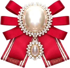 Crystal Pearl Dangle Bow Brooch Pre Tied Neck Tie Brooch Pin Clip Ribbon Bow Tie for Women Collar Jewelry