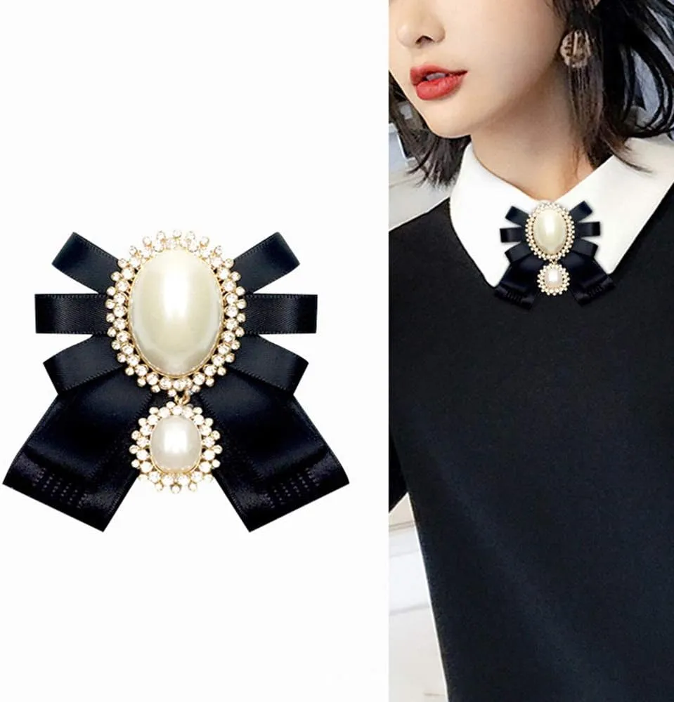 Crystal Pearl Dangle Bow Brooch Pre Tied Neck Tie Brooch Pin Clip Ribbon Bow Tie for Women Collar Jewelry