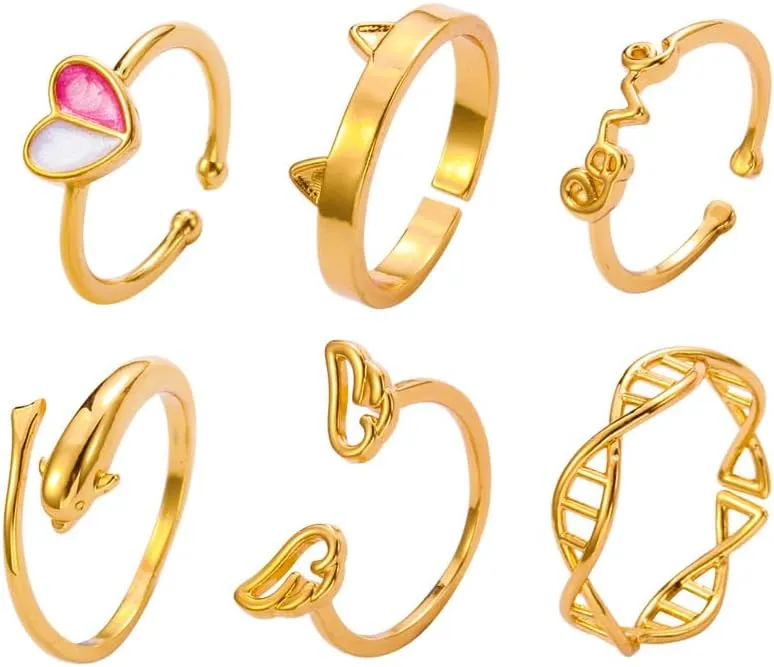 CSIYANJRY99 6Pcs Gold Toe Rings for Women 14k Gold Open Adjustable Toe Rings Set Heart Butterfly Arrow Tail Rings Summer Beach