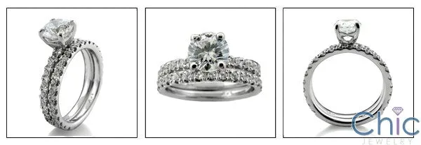 Cubic Zirconia 1 Carat Round Stone Matching Engagement Ring Set 2mm Each Band 14K White Gold