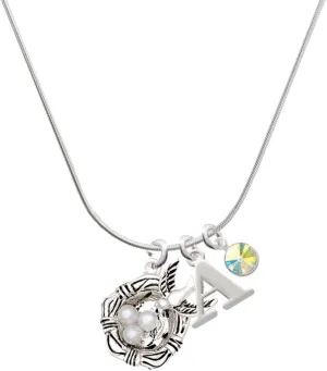 Delight Jewelry Silvertone Birds Nest with Imitation Pearl Eggs - Silvertone Capital Initial Charm Necklace with Crystal Drop, 18"