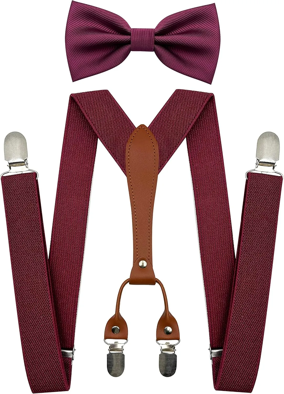 Elastic Burgundy Suspenders and Bow Ties for Men Wedding, Bowtie and Suspenders with 4 Strong Metal Clips (4-02)