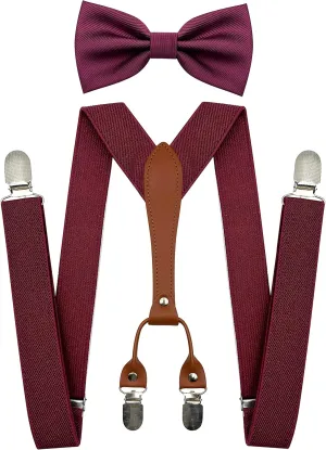 Elastic Burgundy Suspenders and Bow Ties for Men Wedding, Bowtie and Suspenders with 4 Strong Metal Clips (4-02)