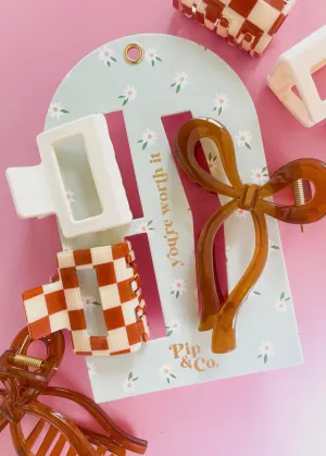 Hey Babe! Bow & Checkers Mocha Hair Clip Set