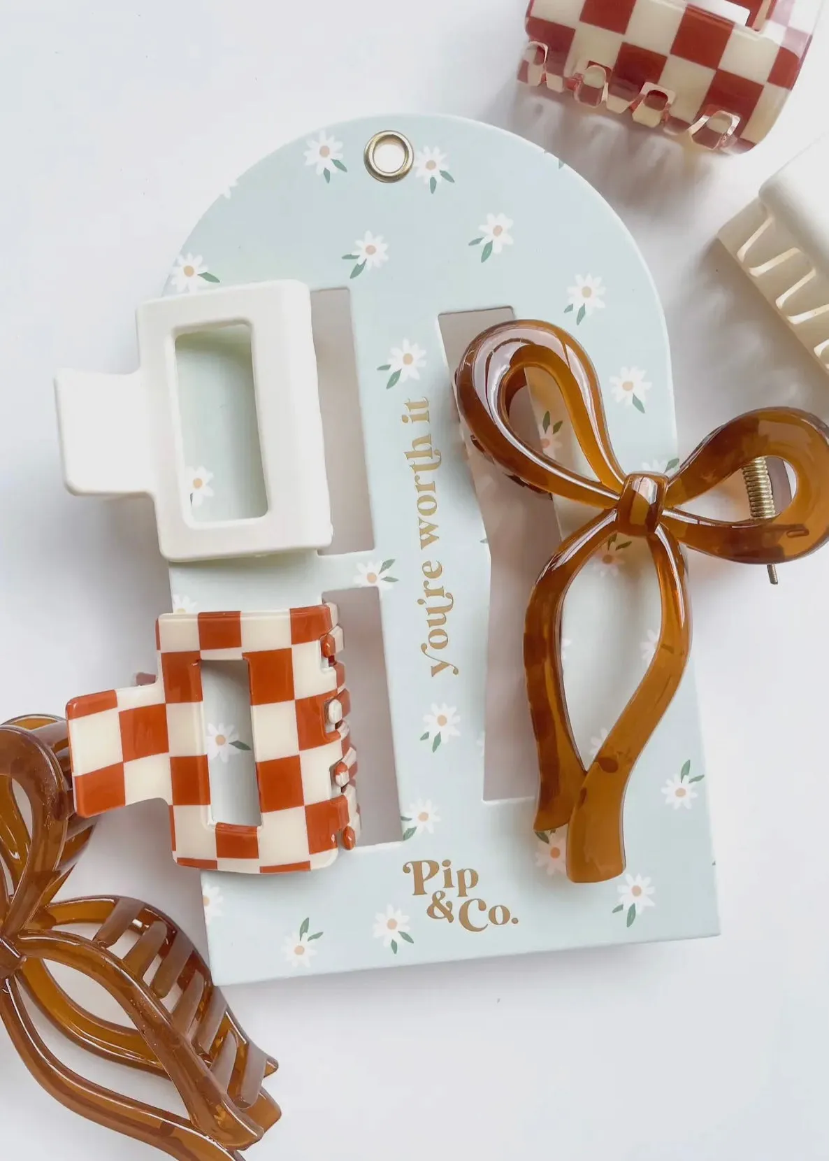 Hey Babe! Bow & Checkers Mocha Hair Clip Set